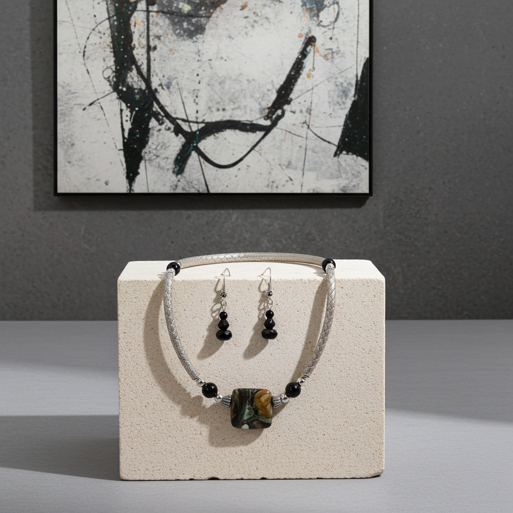 Exquisite Black Artisan Bead Necklace & Earrings Set