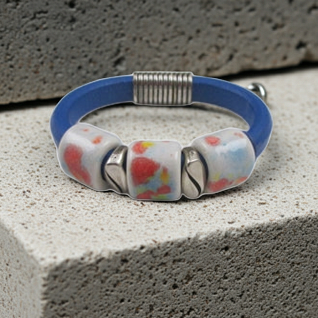 Bright Blue Leather Cord  Bracelet with Handmade White Accents