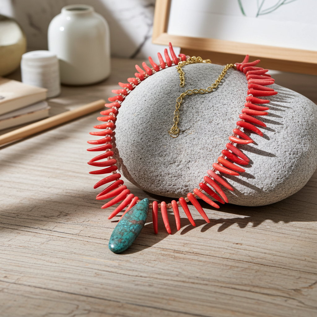 Handmade Pink Bead Necklace with Blue Green Gemstone Pendant