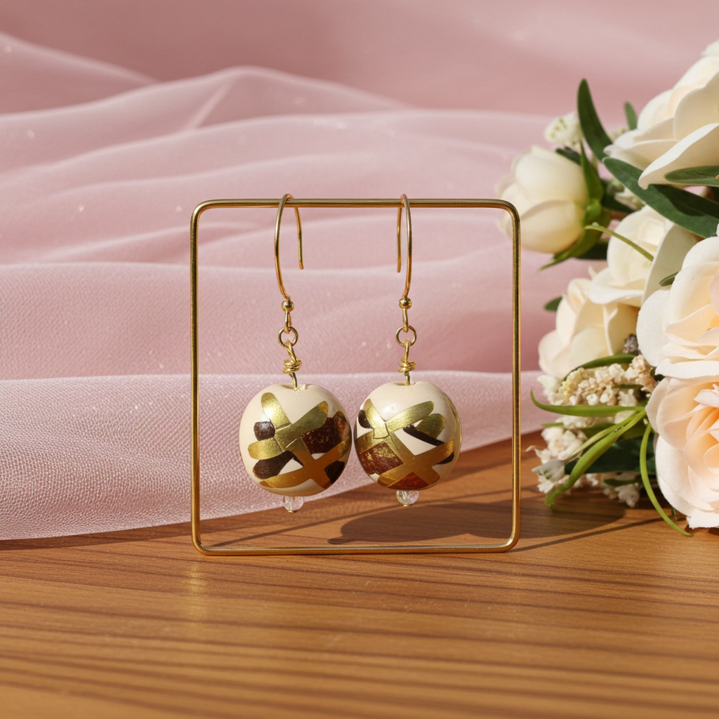 Handmade Bead Kazuri Earring in Cream Brown and Gold