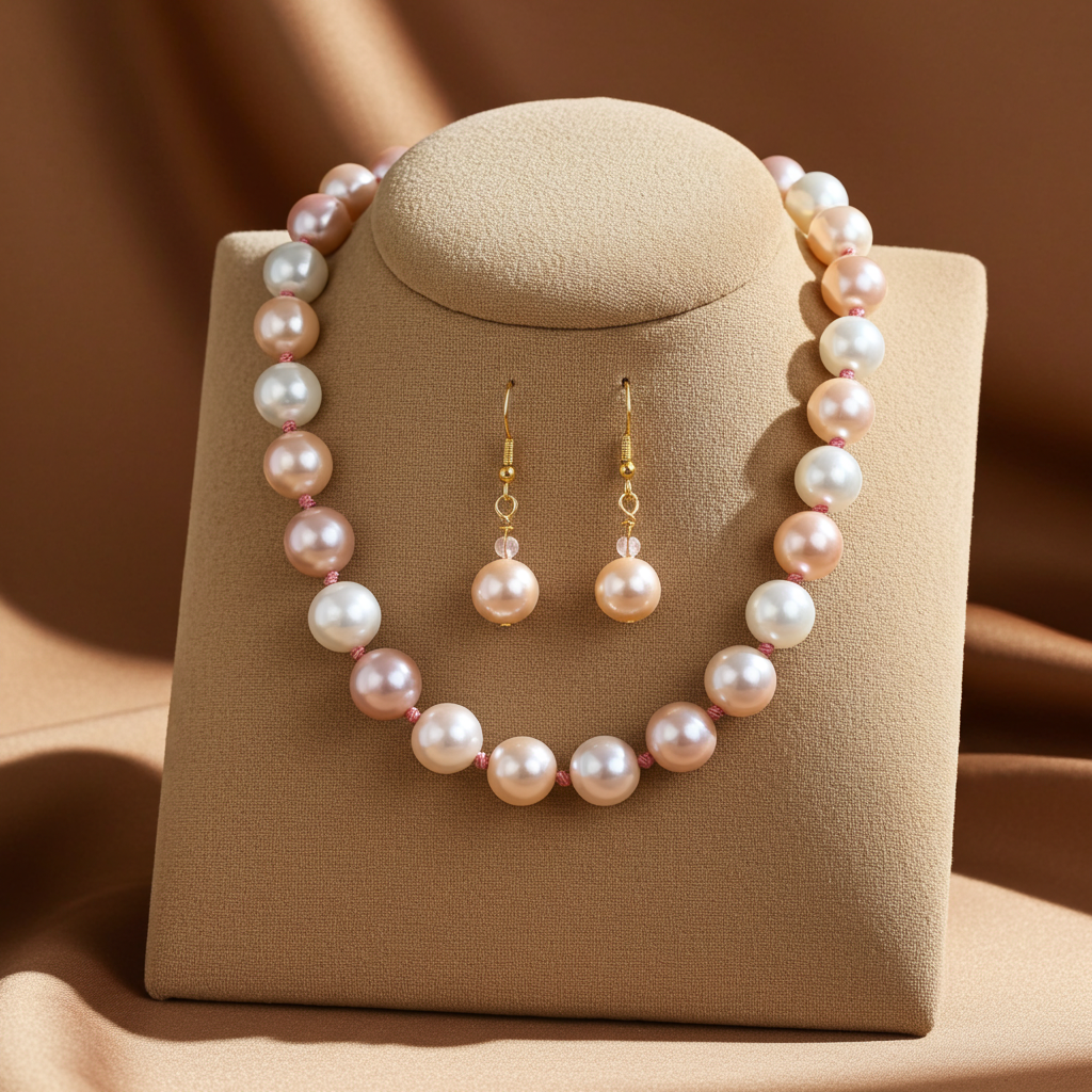 Pink Shell Pearl Necklace & Earrings