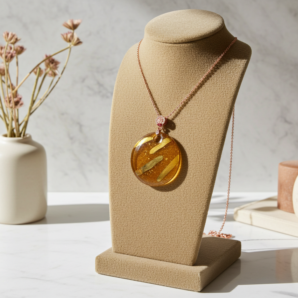 Golden Brown and Gold Fair Trade Kazuri Pendant On Rose Gold Chain