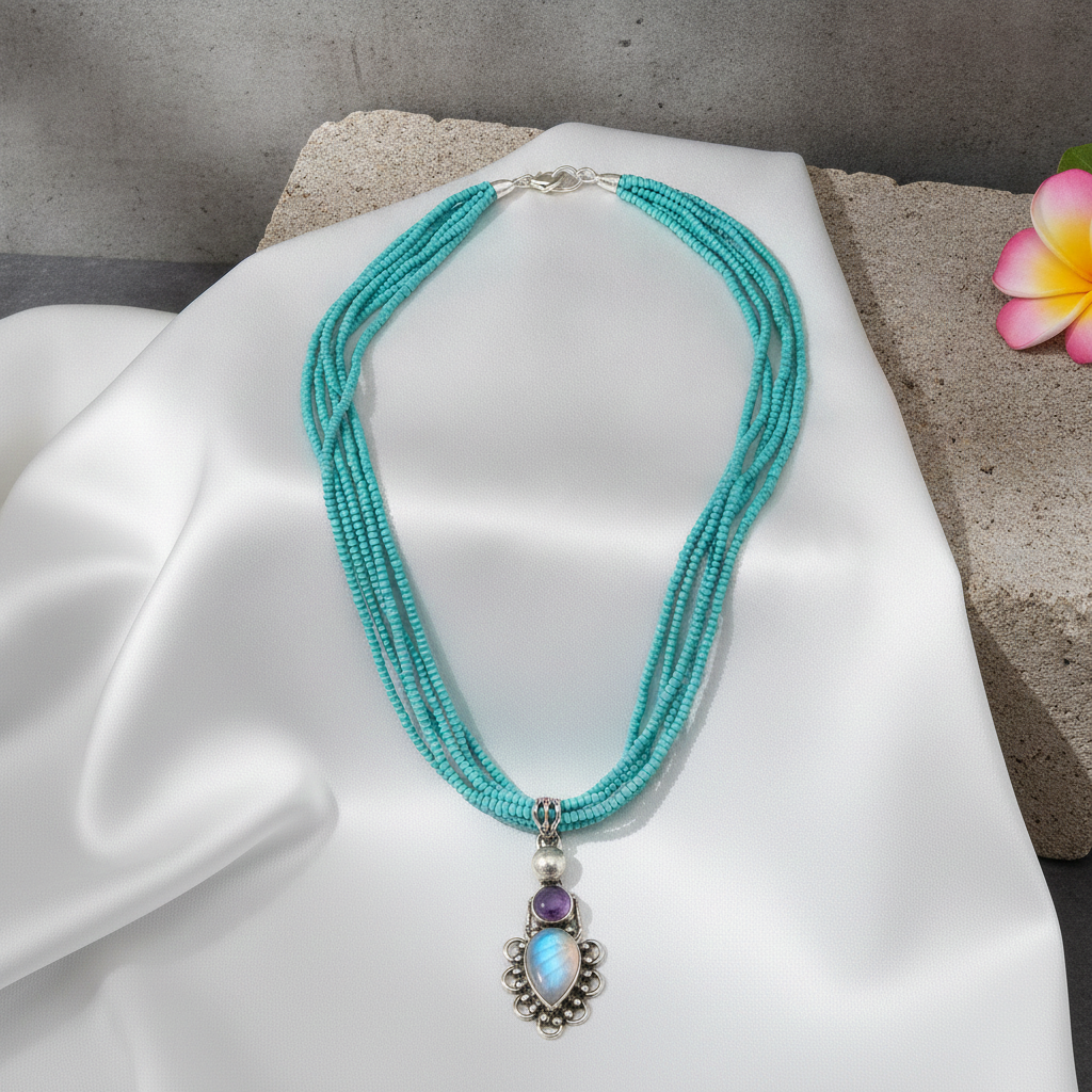 Lapis, Amethyst & Pearl Pendant On Aqua Seed bead Necklace