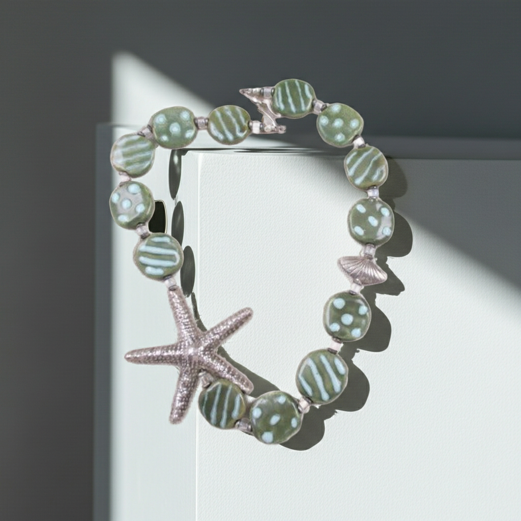 Green Kazuri and Silver Starfish Necklace Fair Trade