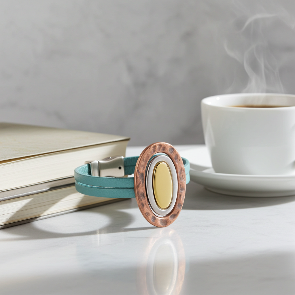 Destressed Pastel Turquoise Leather Bracelet Tri-colored Ringed Accent
