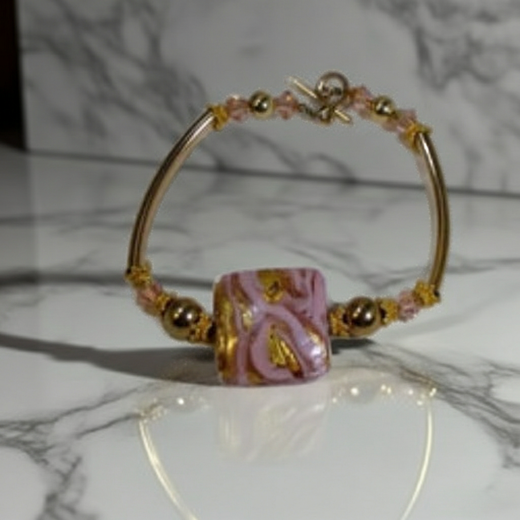 Handmade Pink  and Gold Bangle  Bracelet