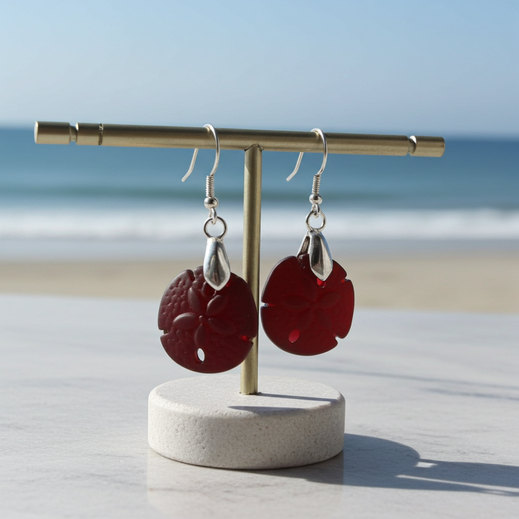 Sand Dollar Sea Glass Drop Earrings Ruby Red