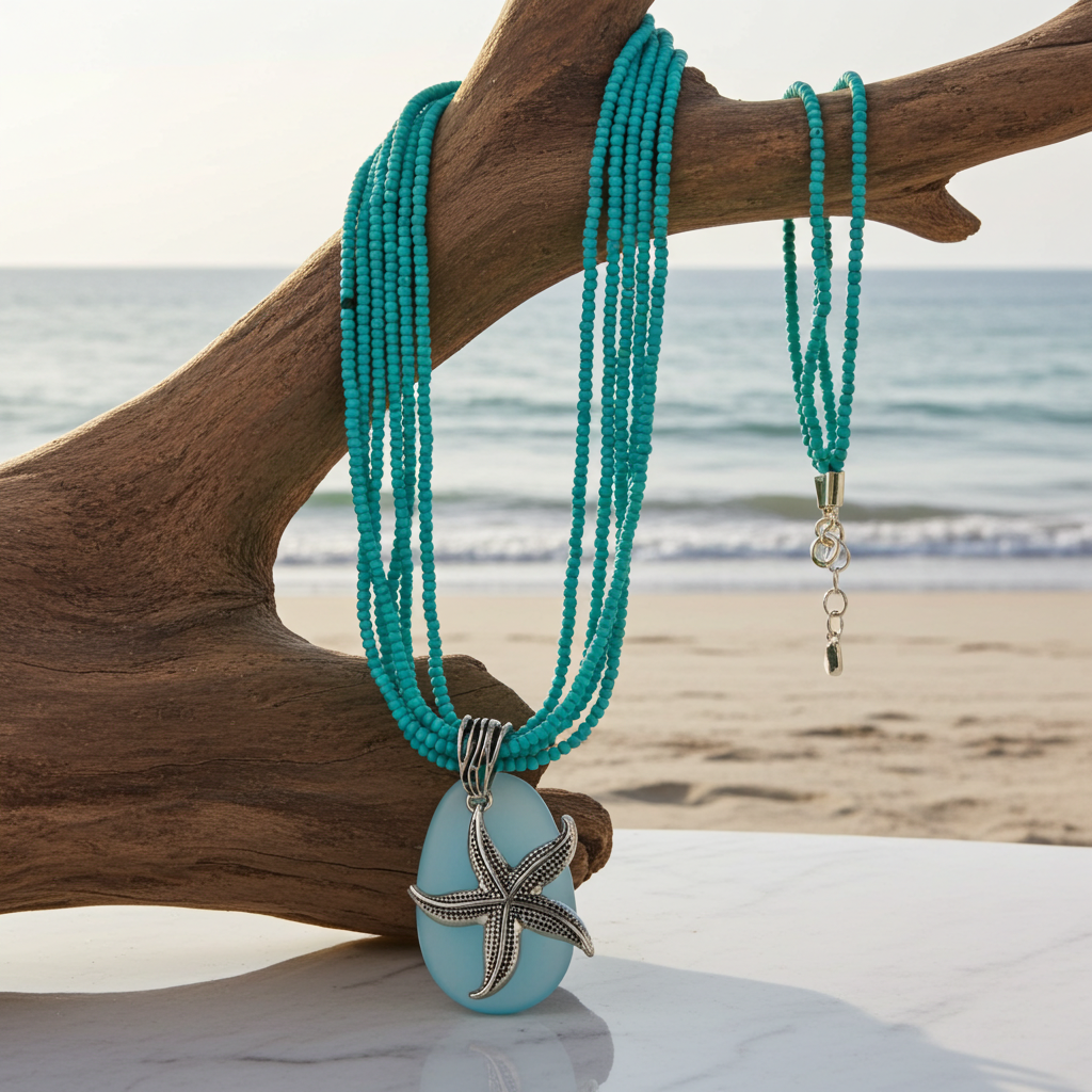 Aqua Sea Glass Pendant  Multi-strand Necklace