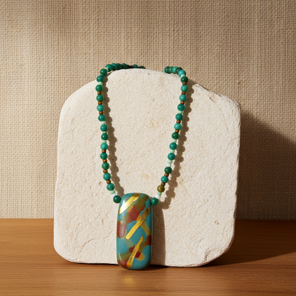 Bright Turquoise Fair Trade Pendant on Agate Beaded Necklace