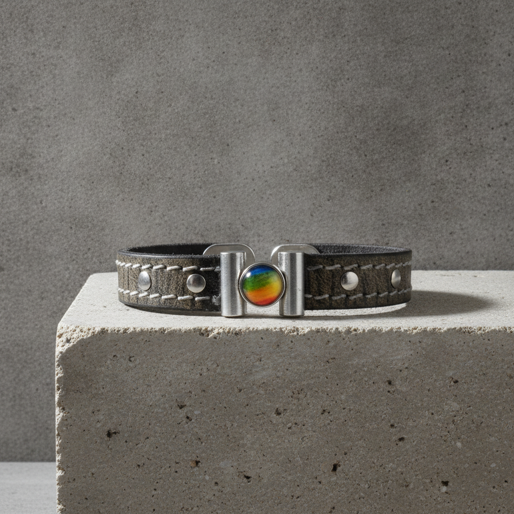 Man's Boho Brown Leather Bracelet with Rainbow Inlaid Clasp