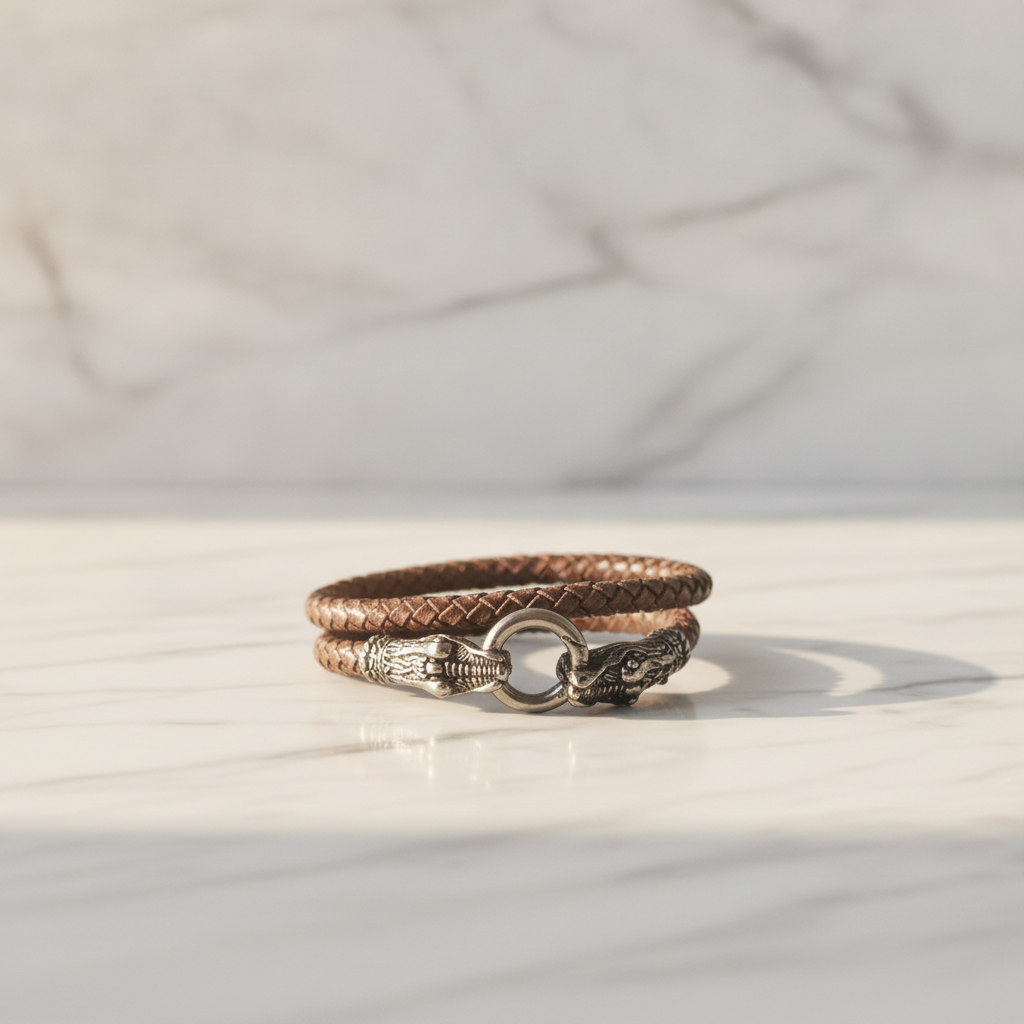 Man's Braided Brown Leather Bracelet with Alligator Clap