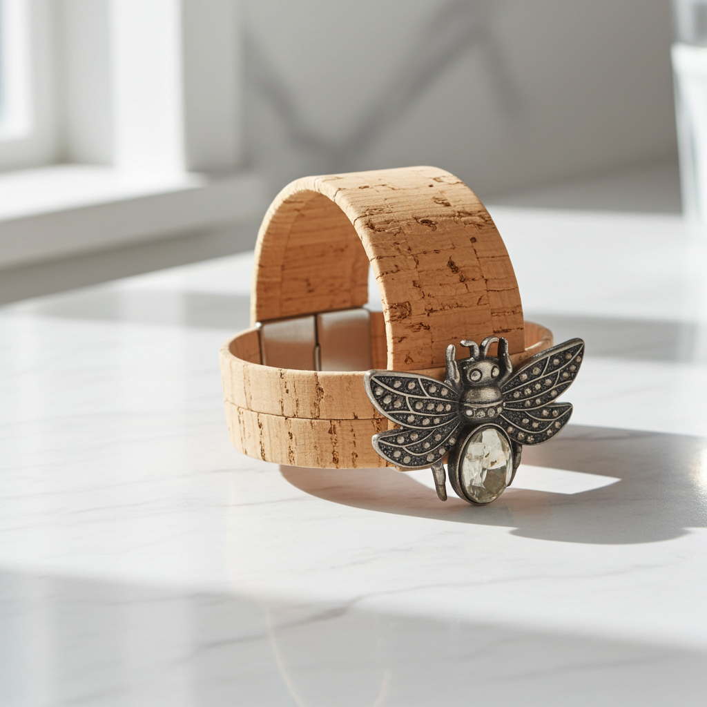 Portuguese Cork Cuff Bracelet with Silver Beetle Accent