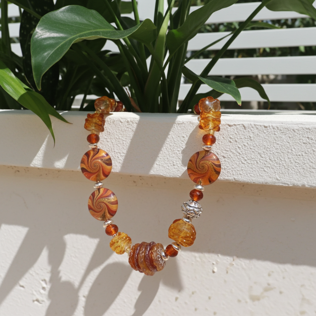 Sassy Swirl Handmade Bead Necklace in Brown and Gold