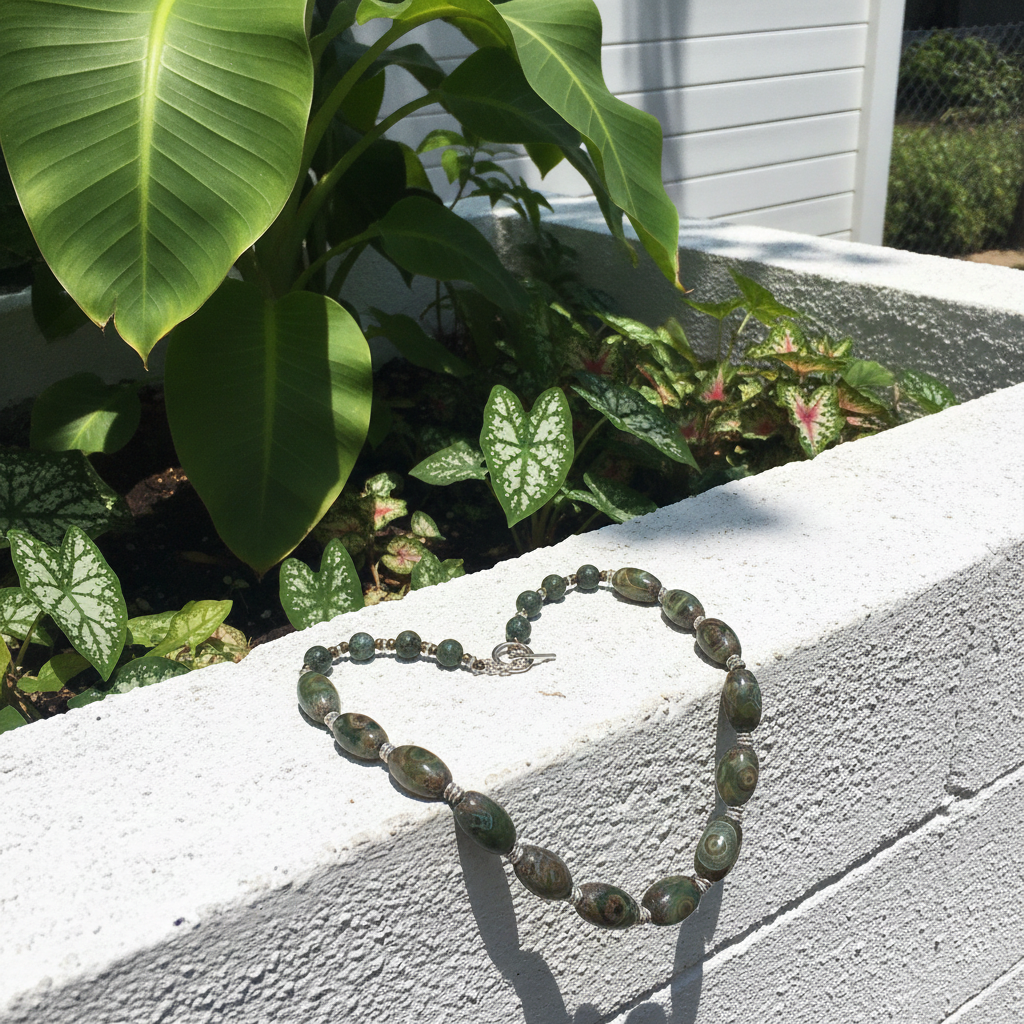 Olive Green & Tan Tibetan Agate Necklace Unisex
