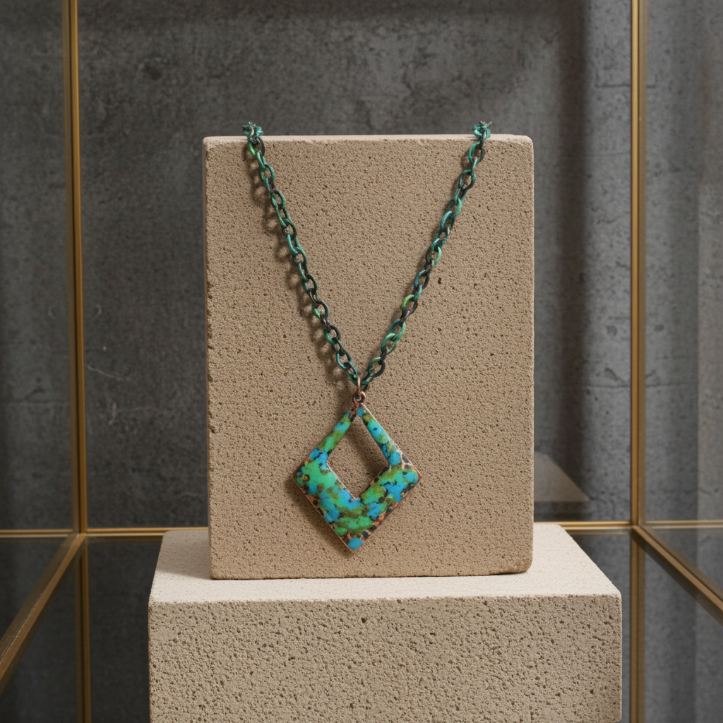 Copper Triangle Pendant Necklace Rainbow Patina hand finished