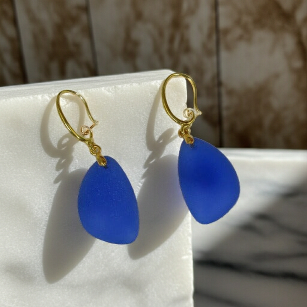 Blue Sea Glass Earrings Gold Ear Wires