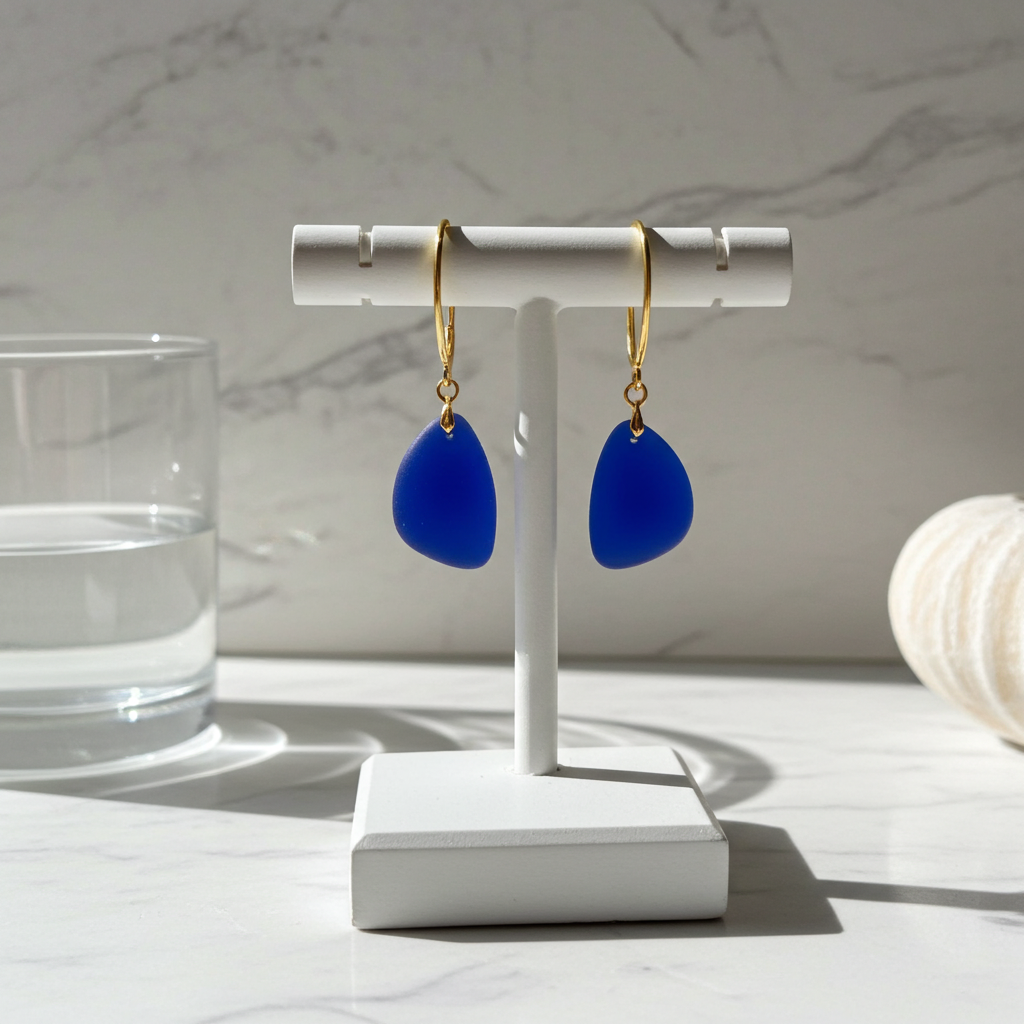 Blue Sea Glass Earrings Gold Ear Wires