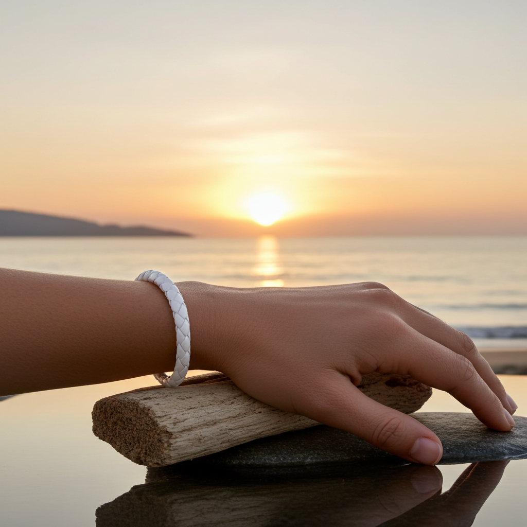 A white braided bracelet worn on a person's wrist, resting on driftwood at a beach during a golden sunset over the water.