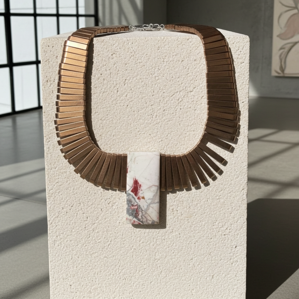 Bronze Collar Necklace with Gemstone Pendant Bold Statement
