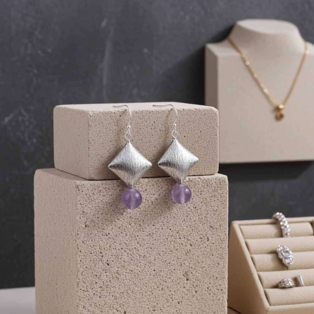 Cape Amethyst and Pewter Earring Handcrafted