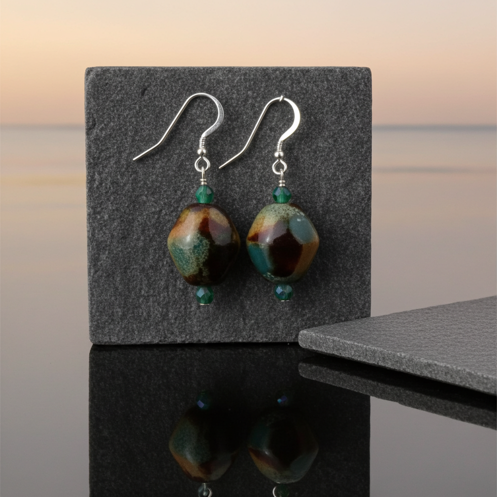 Handmade Artisan Bead Earrings in Brown & Turquoise