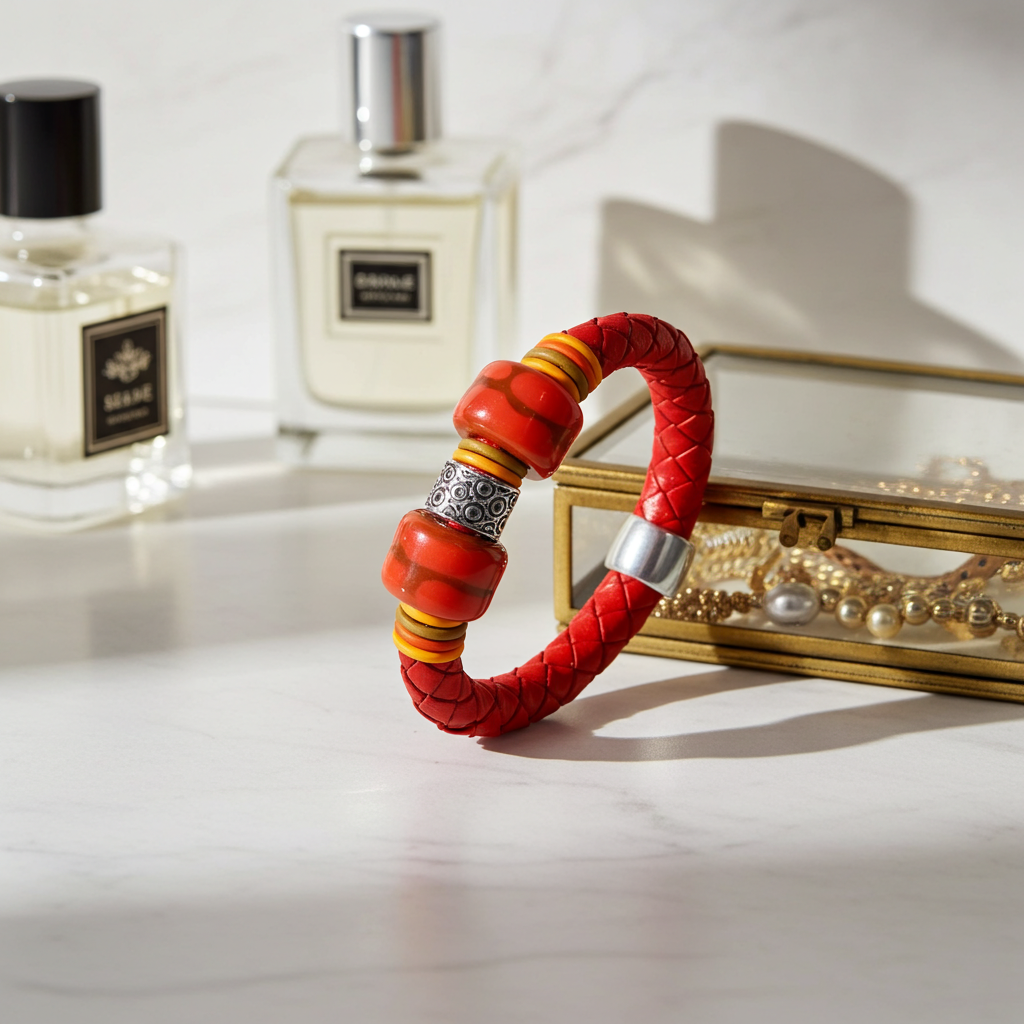 Unisex Red Braided Leather Bracelet Kazuri Bead Accents