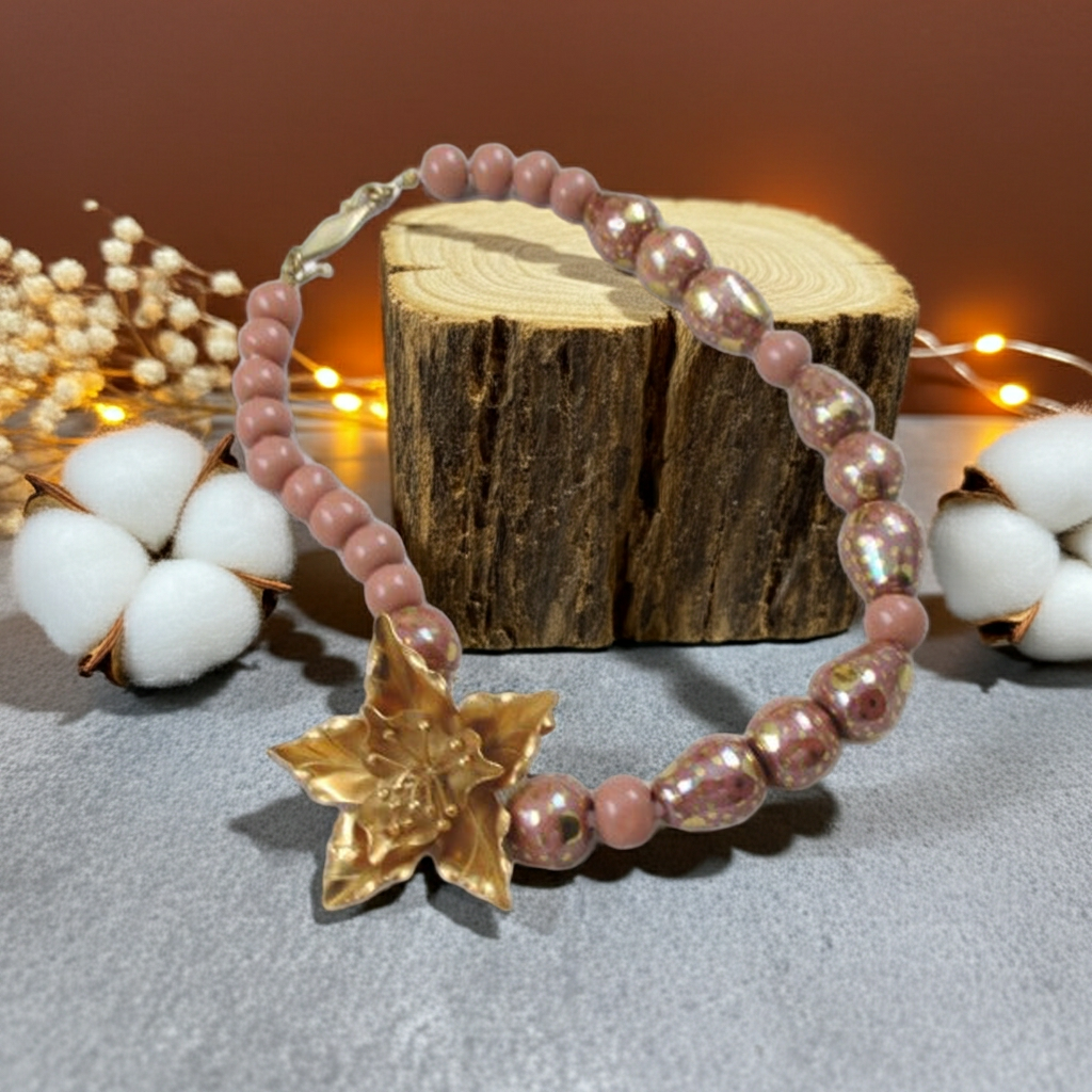 Kazuri Necklace in Rainbow Melon with Gold Flower