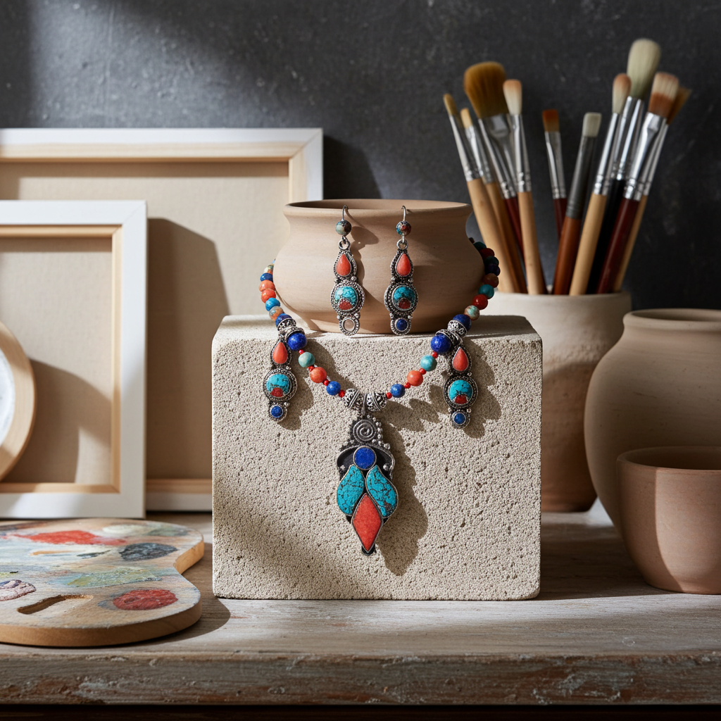 Boho Tibetan Turquoise Inlay Pendant Necklace & Earrings