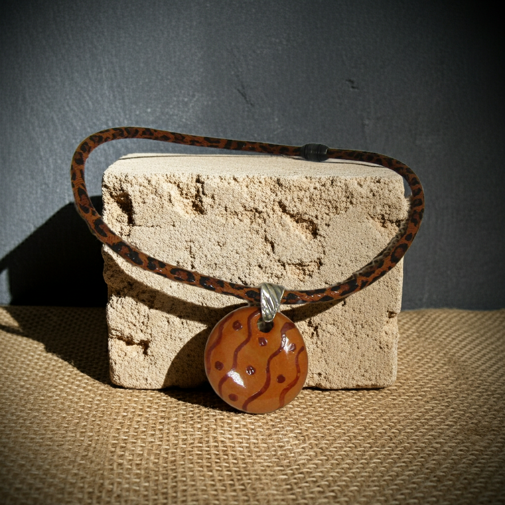 A handmade pendant necklace with a brown and black leopard print cord and a round, glossy orange-brown glass pendant with wavy lines and small dots, displayed on a textured stone block.