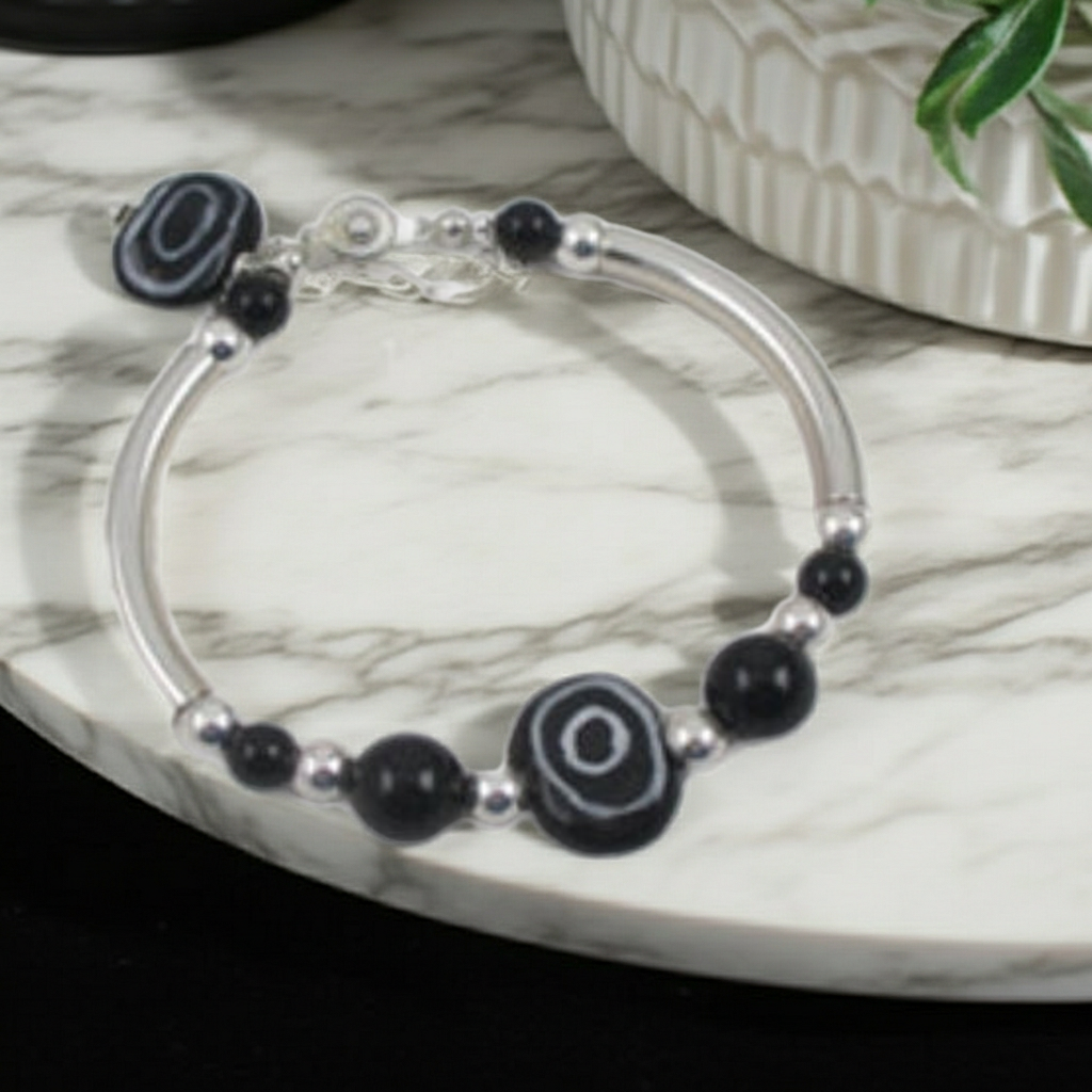 Bangle Bracelet in Black and White Fair Trade Kazuri Beads
