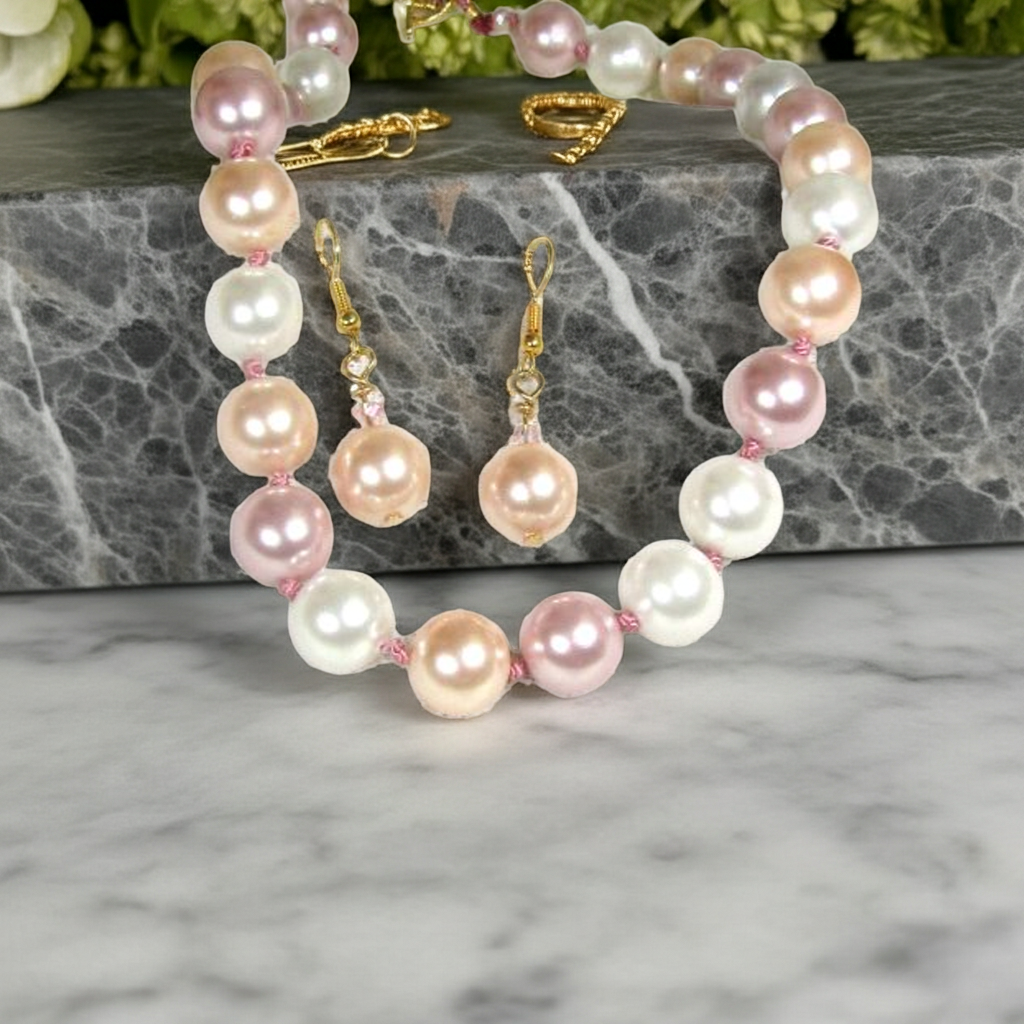 Pink Shell Pearl Necklace & Earrings