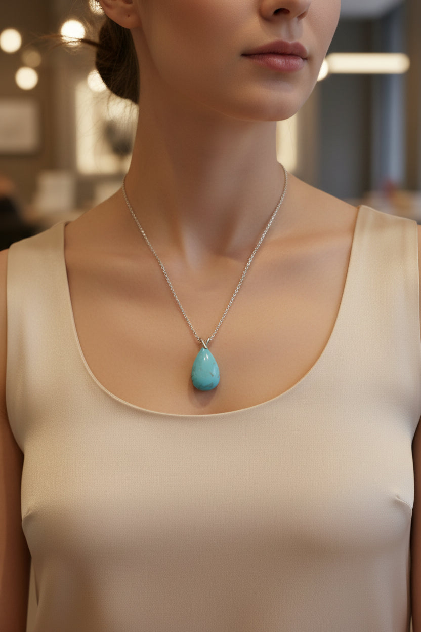 Turquoise teardrop pendant on a chain against a white background