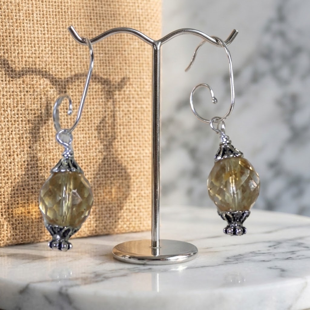 Big Czech Crystal Bead Drop Earrings Beige