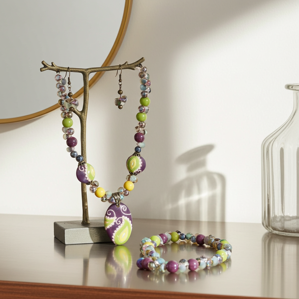 Handmade Green & Purple Artisan Bead Big Bold Necklace & Earrings