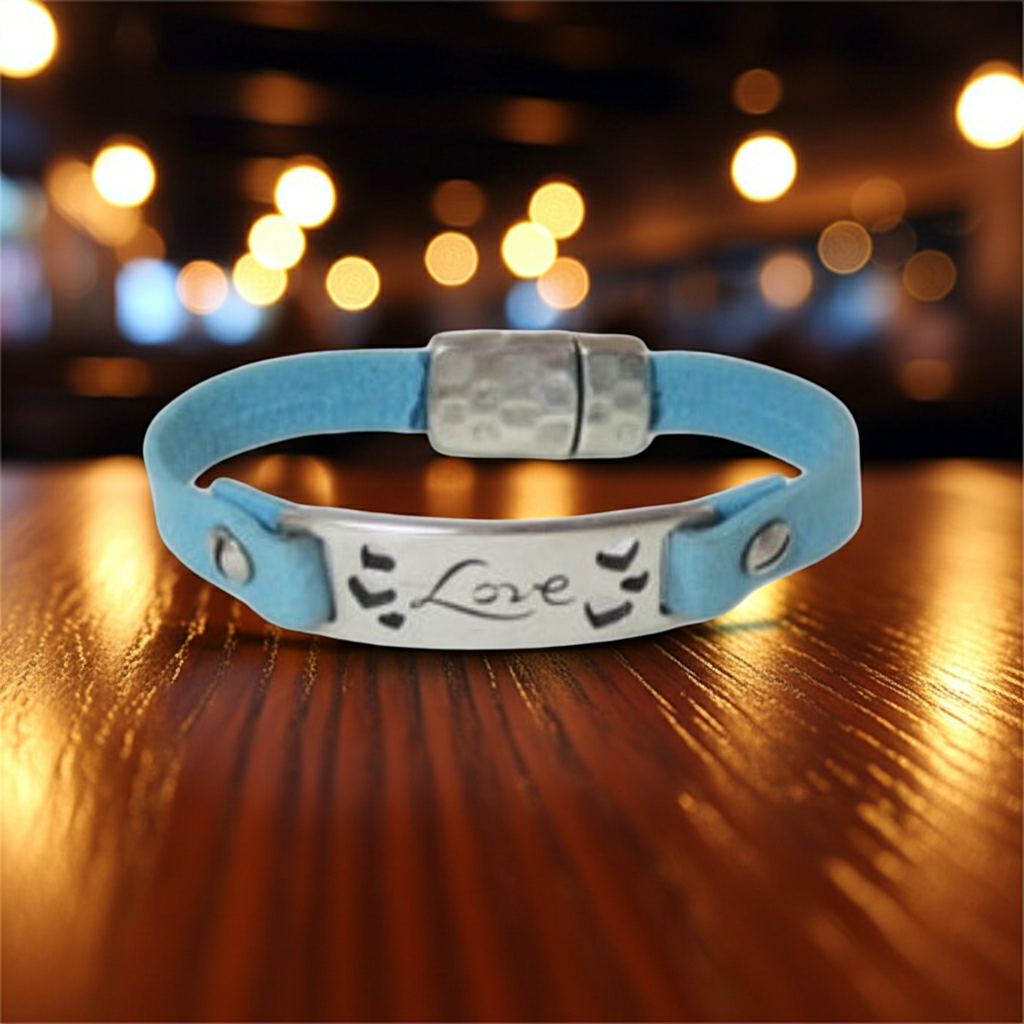 Blue Leather ID Style Bracelet with Love Bar
