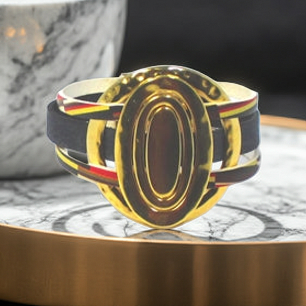 Handcrafted Black Leather Cuff Bracelet Gold Rings Accents