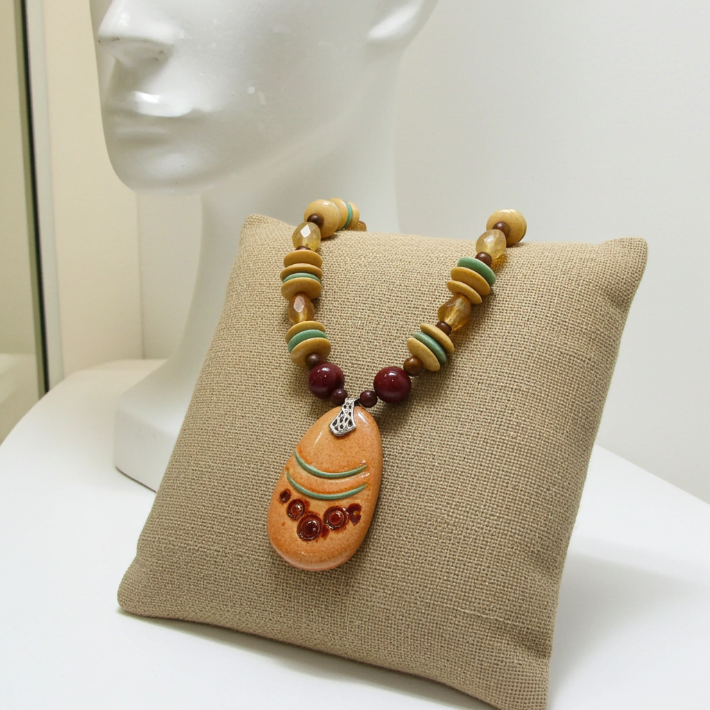 Handmade Mustard & Brown Beaded Pendant Necklace