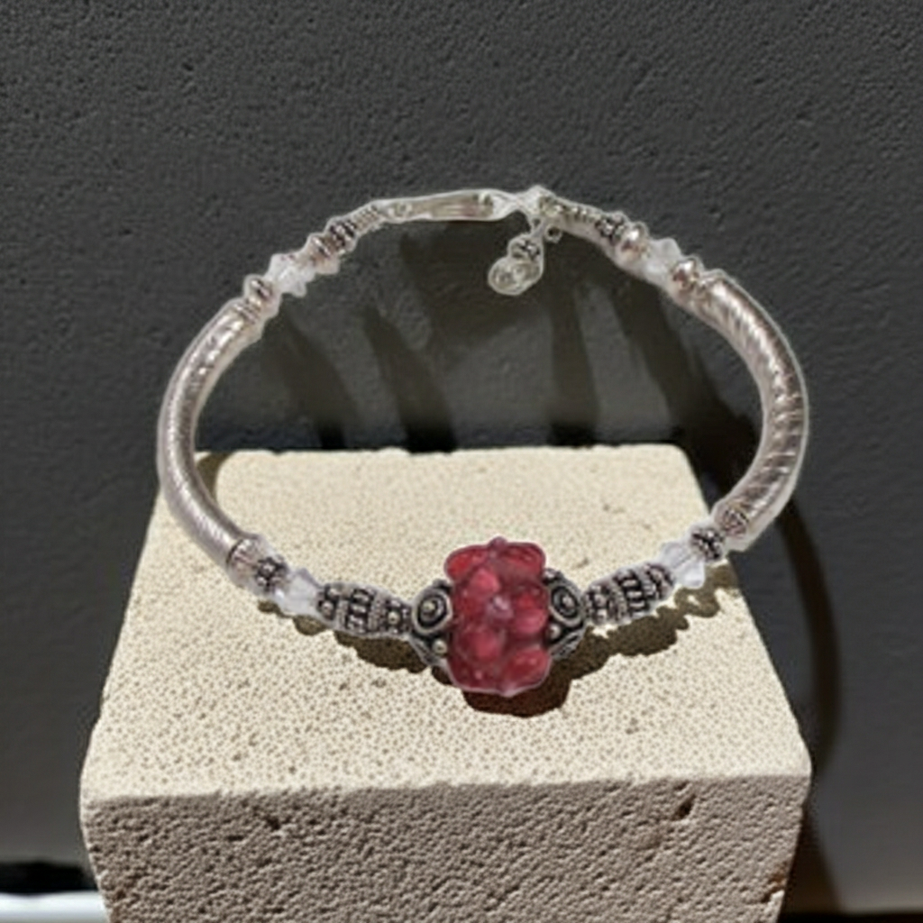 Rose Artisan Bead & Sterling Bangle Bracelet