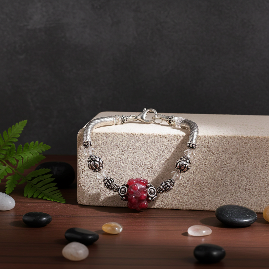 Rose Artisan Bead & Sterling Bangle Bracelet