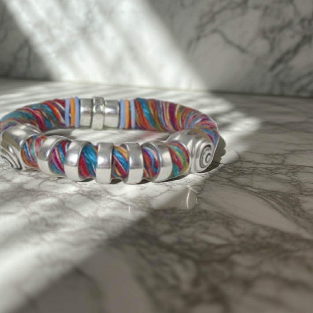 Cotton Cord Bracelet Multi-colored with Silver Accents
