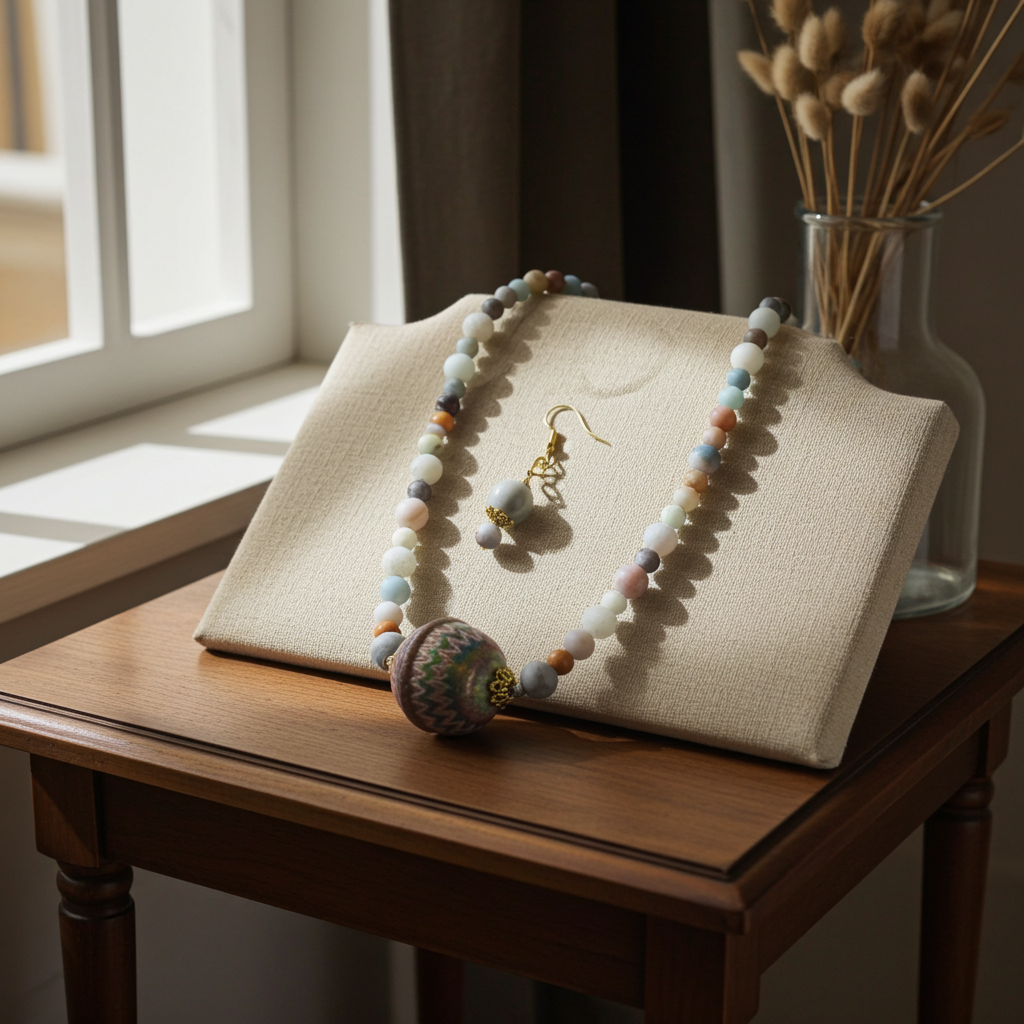 Statement Necklace in Gemstone Amazonite  & Rainbow Leather Bead