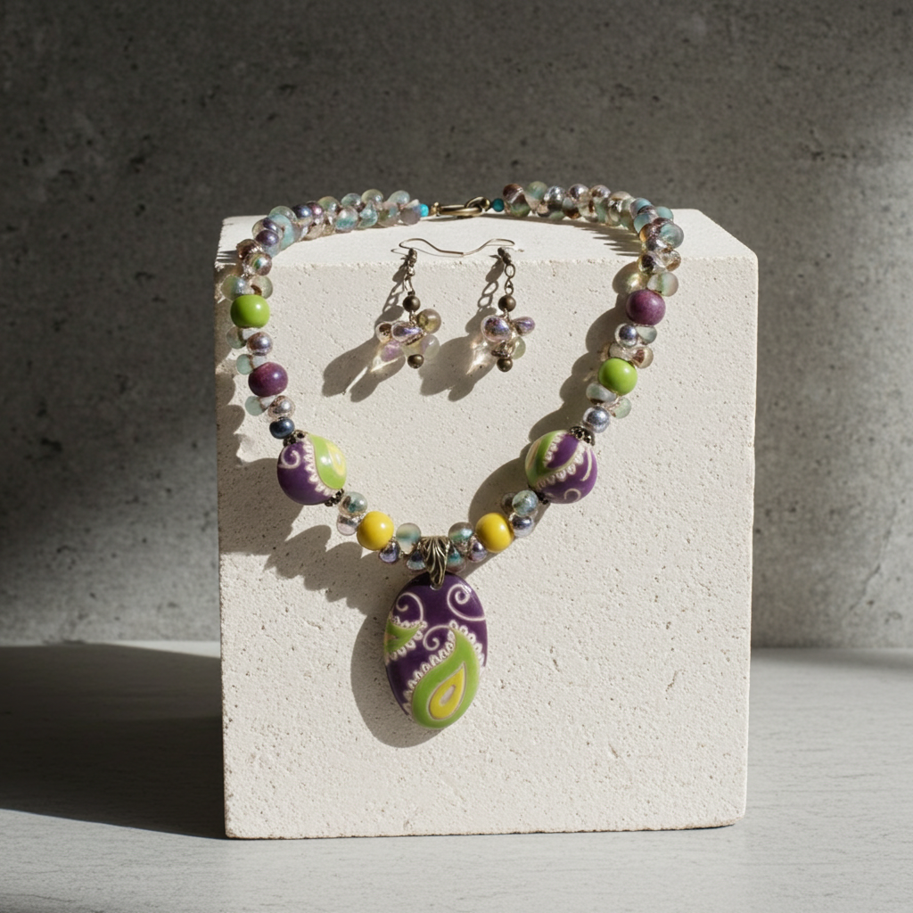 Handmade Green & Purple Artisan Bead Big Bold Necklace & Earrings