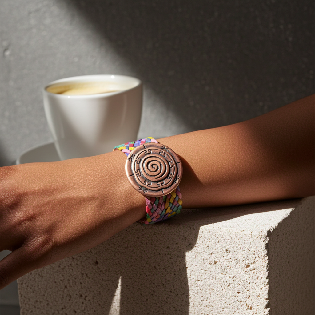 Copper and Multi-colored Braided Leather Cuff Bracelet