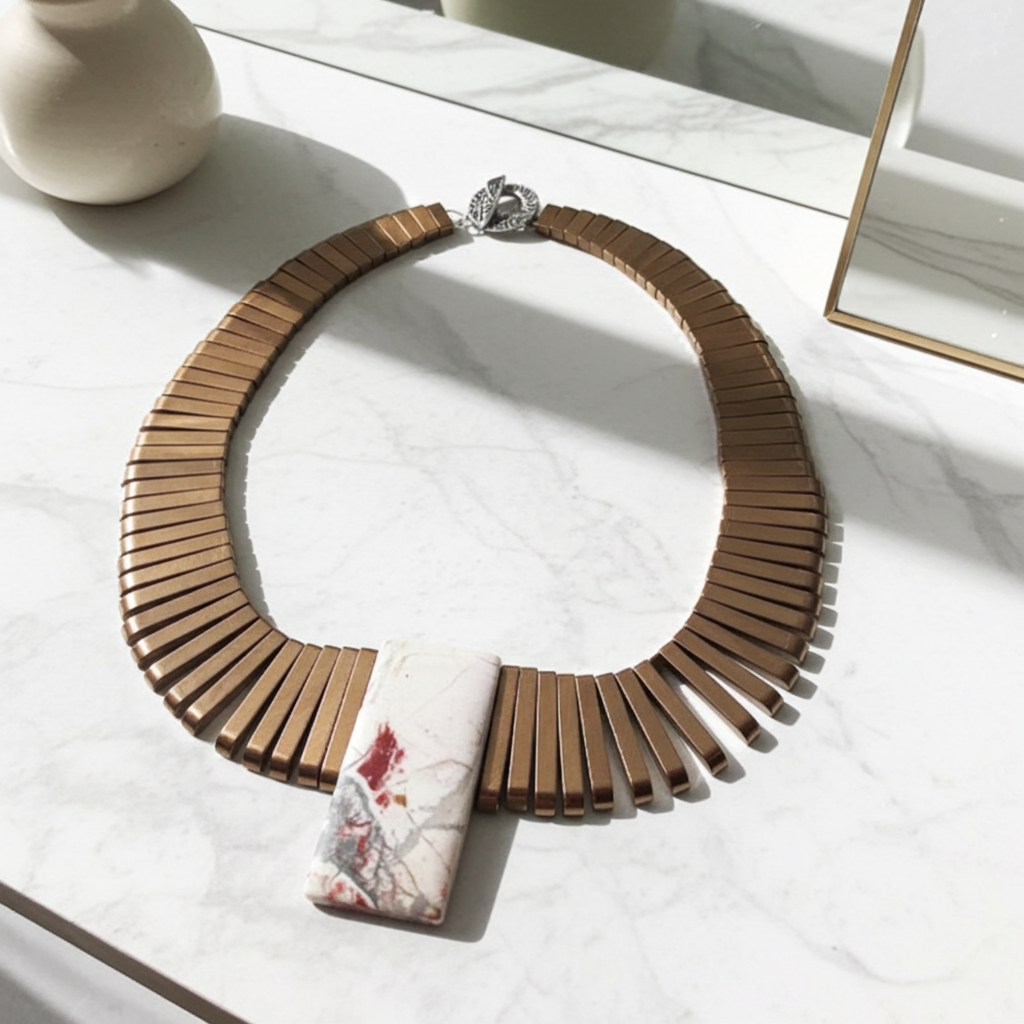 Bronze Collar Necklace with Gemstone Pendant Bold Statement