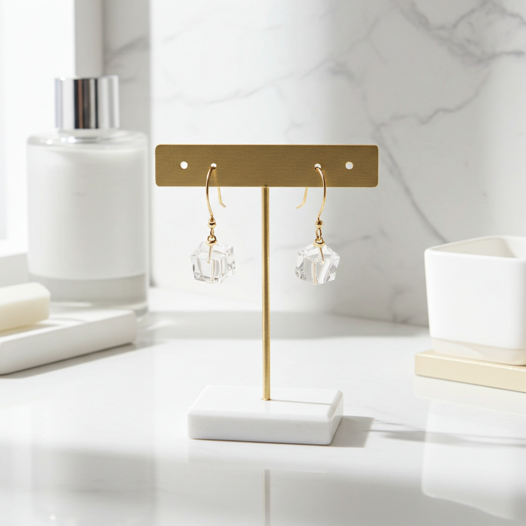 Rock Crystal Quartz Cube Earrings- Gold Ear Wires