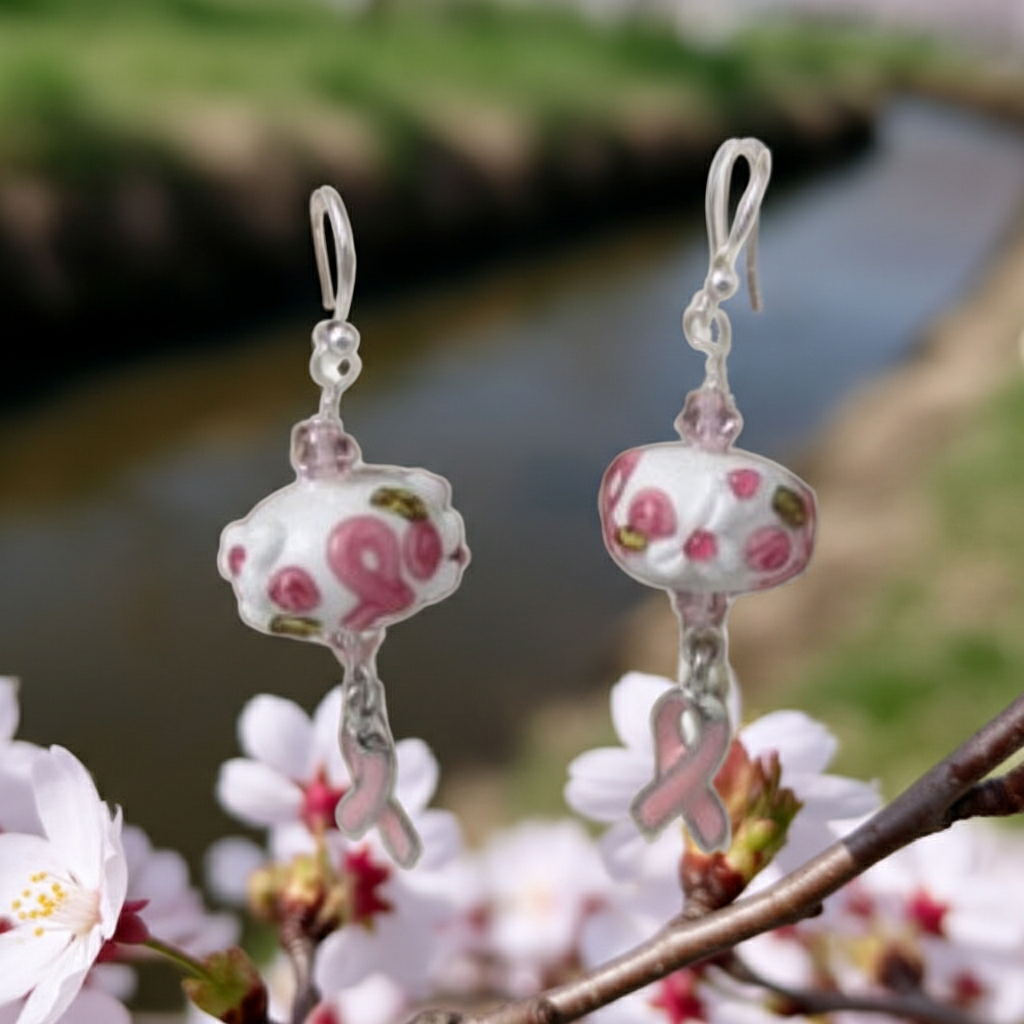 Pink Awareness Ribbon & Silver Earrings