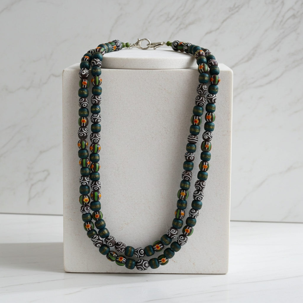 Double Strand Multicolored African Trade Bead Beaded Necklace