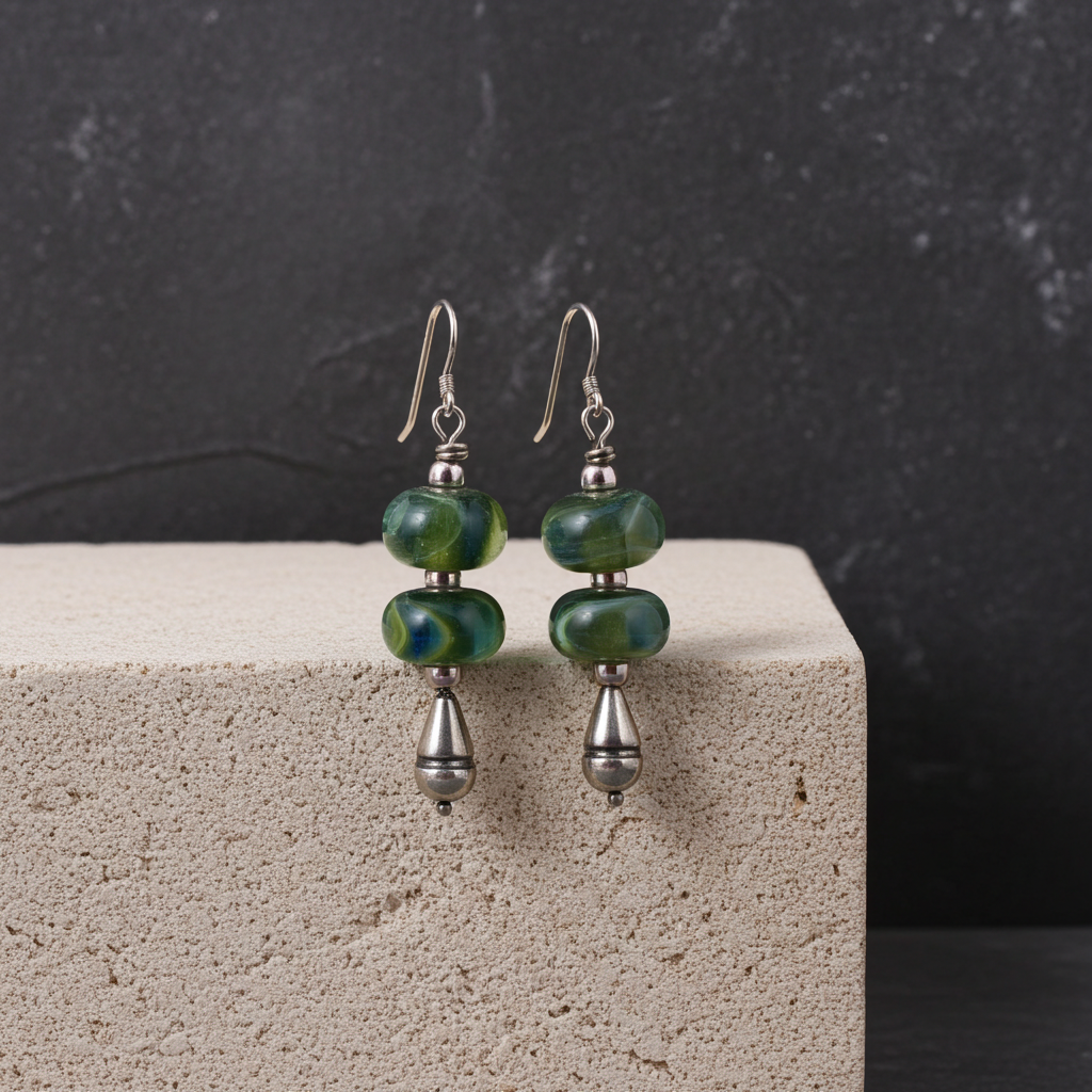 Smokey Green Artisan Bead & Silver Earrings