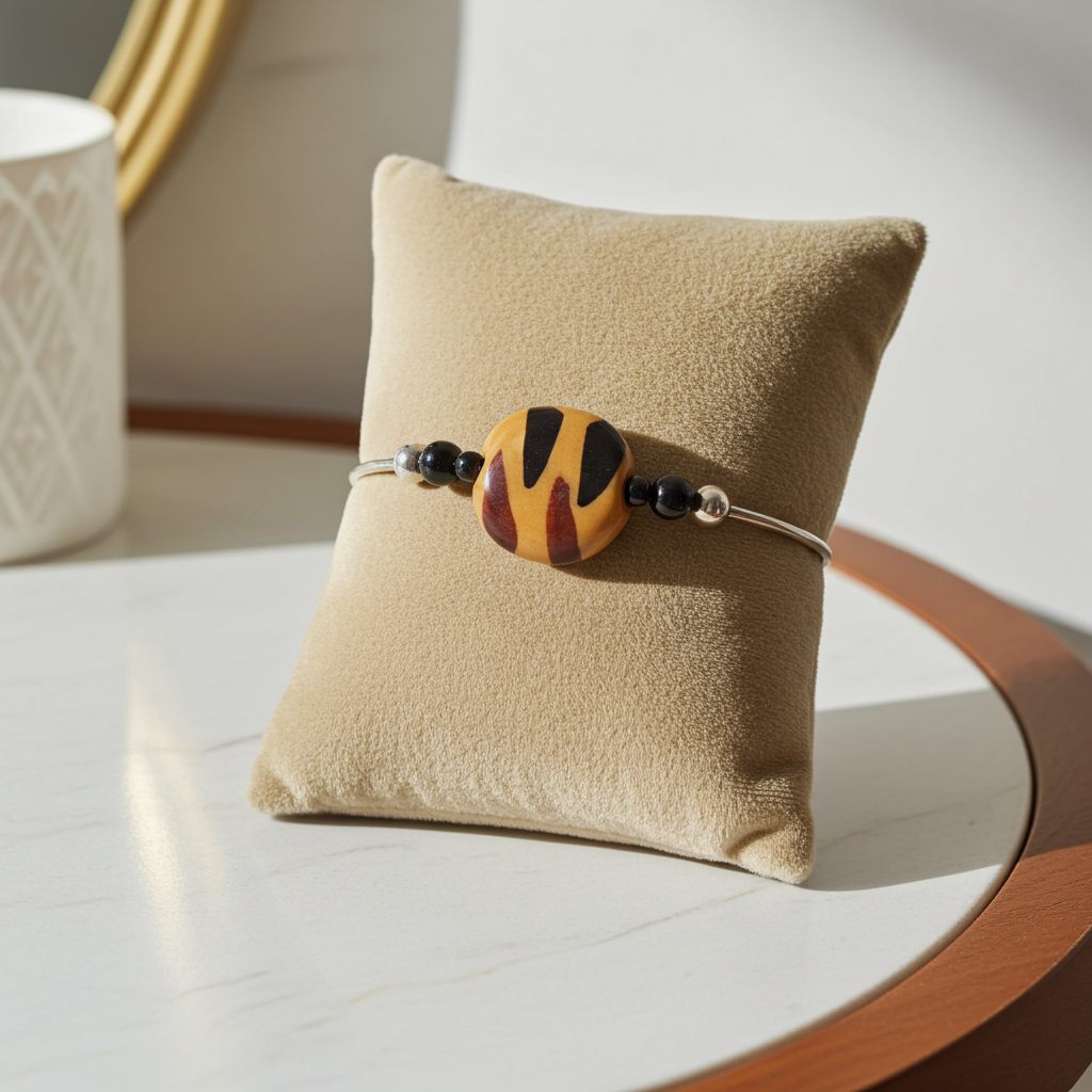 Bangle Bracelet with Fair Trade Tiger Kazuri Bead