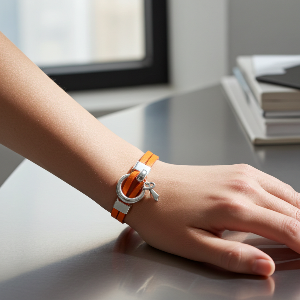 A close-up of a person's hand resting on a reflective gray desk, wearing a modern wrap bracelet with a bright orange leather strap, a silver-toned circular ring, and a small silver key charm.